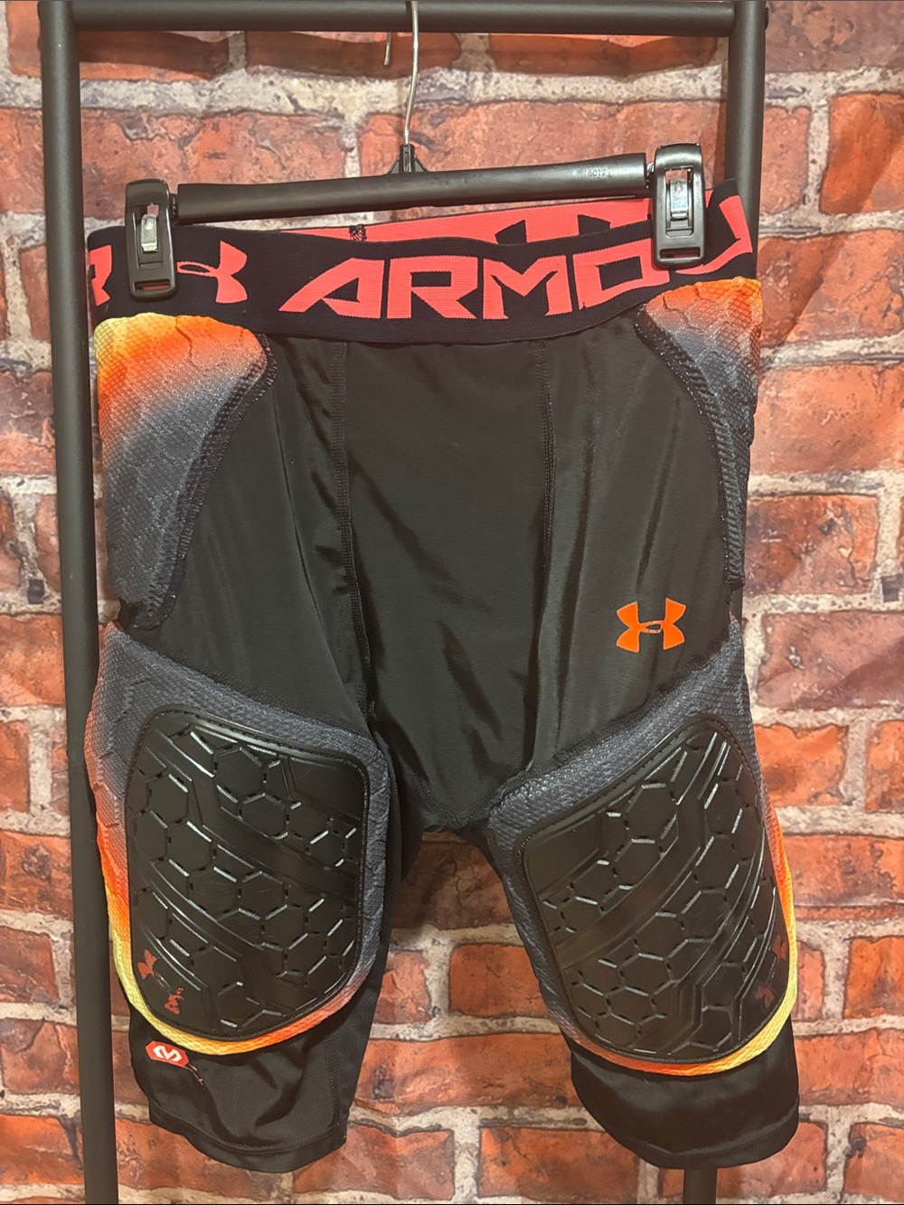 Under Armour Men’s Black & Orange Padded Compression Shorts with Gray Panels